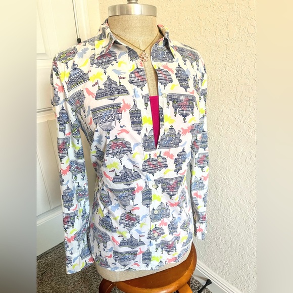 Talbots Bird Cage Print Button Down Cotton Blouse Size S - Picture 2 of 9